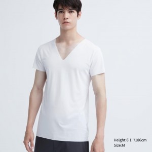 White Uniqlo Airism Mesh Anti-odor V-neck Men T Shirts | 9341977