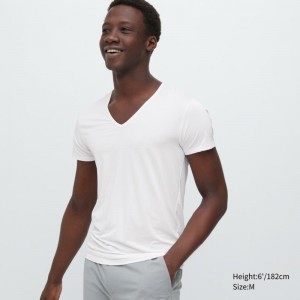 White Uniqlo Airism V-neck Short-sleeve Men T Shirts | 6713635