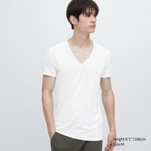 White Uniqlo Airism V-neck Short-sleeve Men T Shirts | 1177025