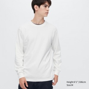 White Uniqlo Brushed Cotton Crew Neck Long-sleeve Men T Shirts | 670069