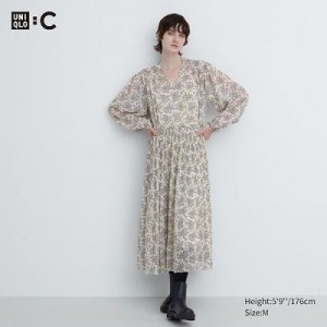 White Uniqlo Chiffon Pleated Long-Sleeve Women Dress | 8032277
