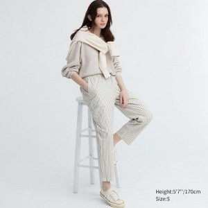 White Uniqlo Cotton Striped Relaxed Ankle Women Pants | 9544031