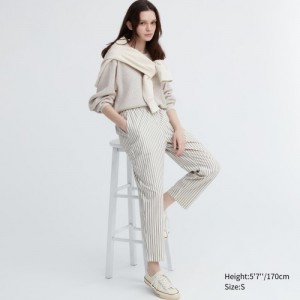White Uniqlo Cotton Striped Relaxed Ankle Women Pants | 5529419