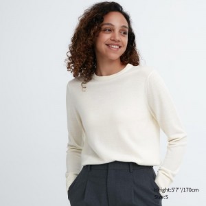 White Uniqlo Extra Fine Merino Crew Neck Long-Sleeve Women Sweaters | 6740275