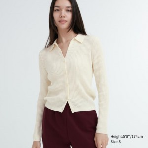 White Uniqlo Extra Fine Merino Ribbed Polo Women Cardigan | 5458555