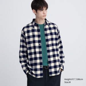 White Uniqlo Flannel Checked Long-sleeve Men Shirts | 9348687