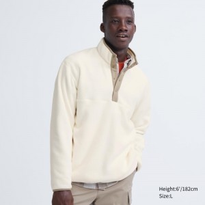 White Uniqlo Fleece Button Up Long Sleeve Pullover Men Hoodie | 9915845
