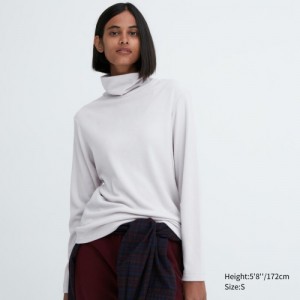 White Uniqlo HEATTECH Fleece Turtleneck Long-Sleeve Women T Shirts | 9844747