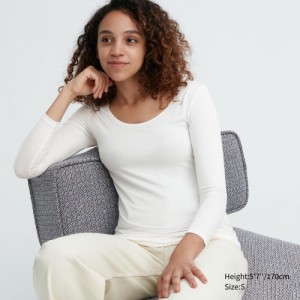 White Uniqlo HEATTECH Scoop Neck Long-Sleeve Women T Shirts | 302096