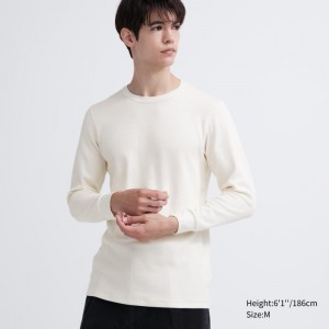 White Uniqlo Heattech Cotton Waffle Crew Neck Extra Warm Men T Shirts | 7474377