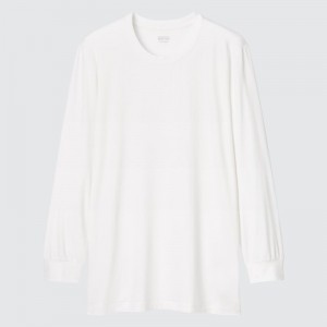 White Uniqlo Heattech Crew Neck Long-sleeve Men T Shirts | 3114350