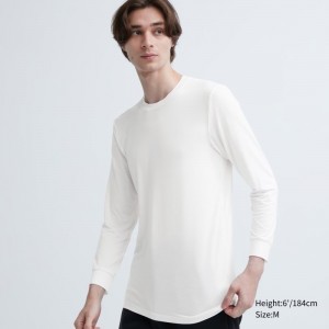 White Uniqlo Heattech Crew Neck Long-sleeve Men T Shirts | 930215