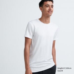 White Uniqlo Heattech Crew Neck Short Sleeve Men T Shirts | 5229493