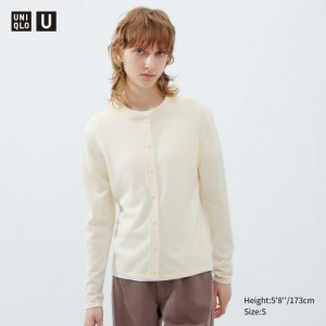 White Uniqlo Merino Blend Long-Sleeve Crew Neck Women Cardigan | 5027453