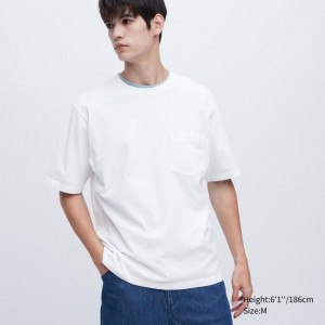 White Uniqlo Oversized Pocket Crew Neck Half-sleeve Men T Shirts | 7619223