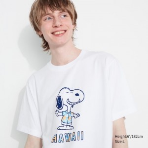 White Uniqlo Peanuts Hawaii UT Short Sleeve Women T Shirts | 2699426