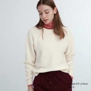 White Uniqlo Premium Lambswool Crew Neck Long-sleeve Women Sweaters | 8860704