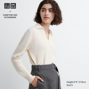 White Uniqlo Premium Lambswool Long-Sleeve Polo Women Sweaters | 8019546