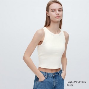 White Uniqlo Ribbed Cropped Sleeveless Women Tank Top | 769821