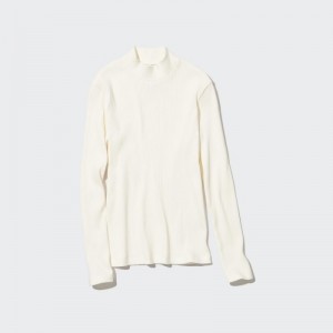 White Uniqlo Ribbed High Neck Long-Sleeve Women T Shirts | 4383421
