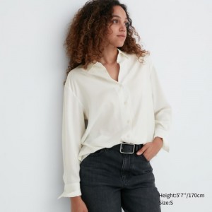 White Uniqlo Satin Long-Sleeve Women Blouse | 5444038