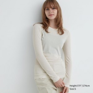 White Uniqlo Sheer Jersey Crew Neck Long-Sleeve Women T Shirts | 1438913