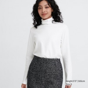 White Uniqlo Smooth Stretch Cotton Turtleneck Long-Sleeve Women T Shirts | 5762276