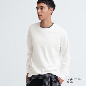 White Uniqlo Soft Brushed Crew Neck Long-sleeve Men T Shirts | 3035843