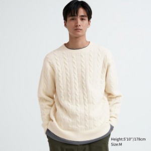 White Uniqlo Souffle Yarn Cable Crew Neck Long-Sleeve Women Sweaters | 111619