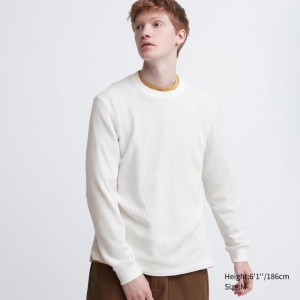 White Uniqlo Waffle Crew Neck Long-Sleeve Men T Shirts | 4878946