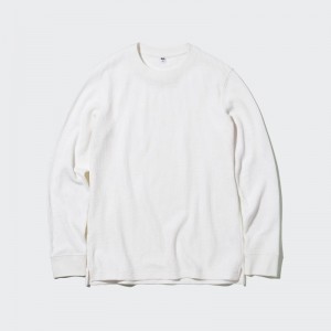White Uniqlo Waffle Crew Neck Long-Sleeve Men T Shirts | 1522797