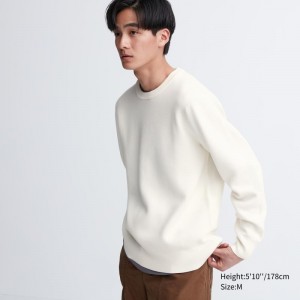 White Uniqlo Washable Milano Ribbed Crew Neck Men Sweaters | 8141932
