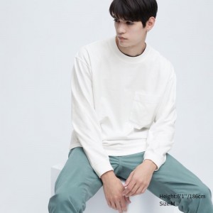 White Uniqlo Washed Cotton Crew Neck Long-sleeve Men T Shirts | 6880369
