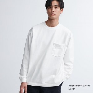 White Uniqlo Washed Cotton Crew Neck Long-sleeve Men T Shirts | 8507868