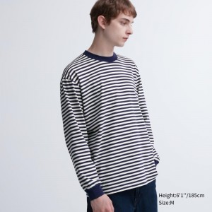 White Uniqlo Washed Cotton Oversized Crew Neck Long-sleeve Striped Men T Shirts | 9992192
