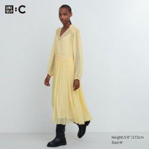 Yellow Uniqlo Chiffon Pleated Long-Sleeve Women Dress | 7861739