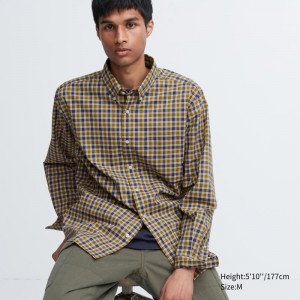 Yellow Uniqlo Extra Fine Cotton Broadcloth Checked Long-sleeve Men Shirts | 8133829