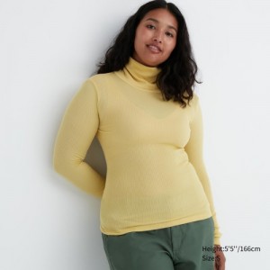 Yellow Uniqlo HEATTECH Extra Warm Seamless Ribbed Turtleneck Long-Sleeve Women T Shirts | 2495559