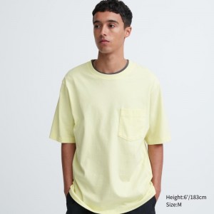 Yellow Uniqlo Oversized Pocket Crew Neck Half-sleeve Men T Shirts | 8176046