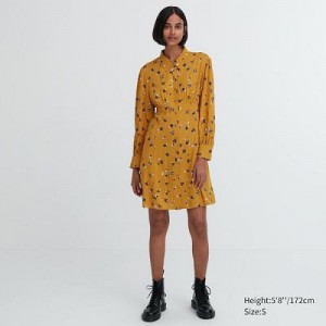 Yellow Uniqlo Printed V-Neck Long-Sleeve Mini Women Dress | 8148665