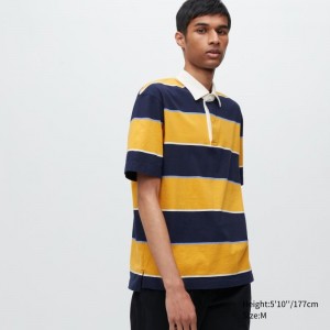 Yellow Uniqlo Rugger Striped Short Sleeve Men Polo Shirts | 3493818