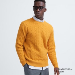 Yellow Uniqlo Souffle Yarn Cable Crew Neck Men Sweaters | 9219723