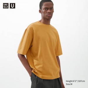 Yellow Uniqlo U AIRism Cotton Oversized Crew Neck Half-Sleeve Men T Shirts | 1534350