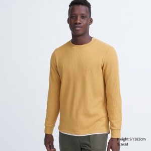 Yellow Uniqlo Waffle Crew Neck Long-Sleeve Men T Shirts | 1113441