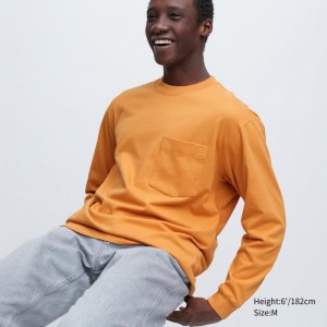 Yellow Uniqlo Washed Cotton Crew Neck Long-sleeve Men T Shirts | 5288235