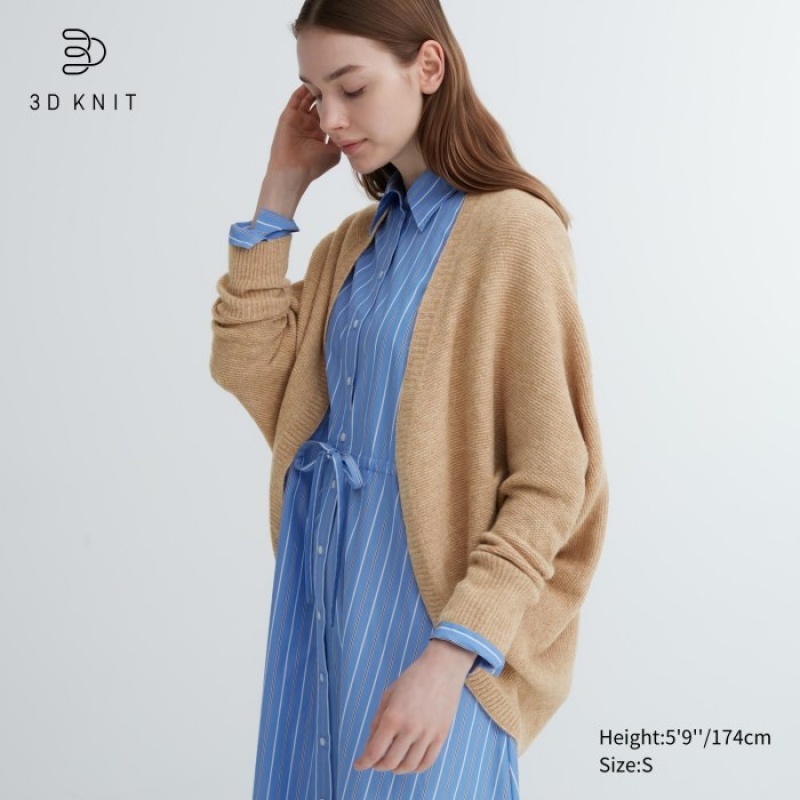 Beige Uniqlo 3D Knit Souffle Yarn Long-Sleeve Women Cardigan | 7591841