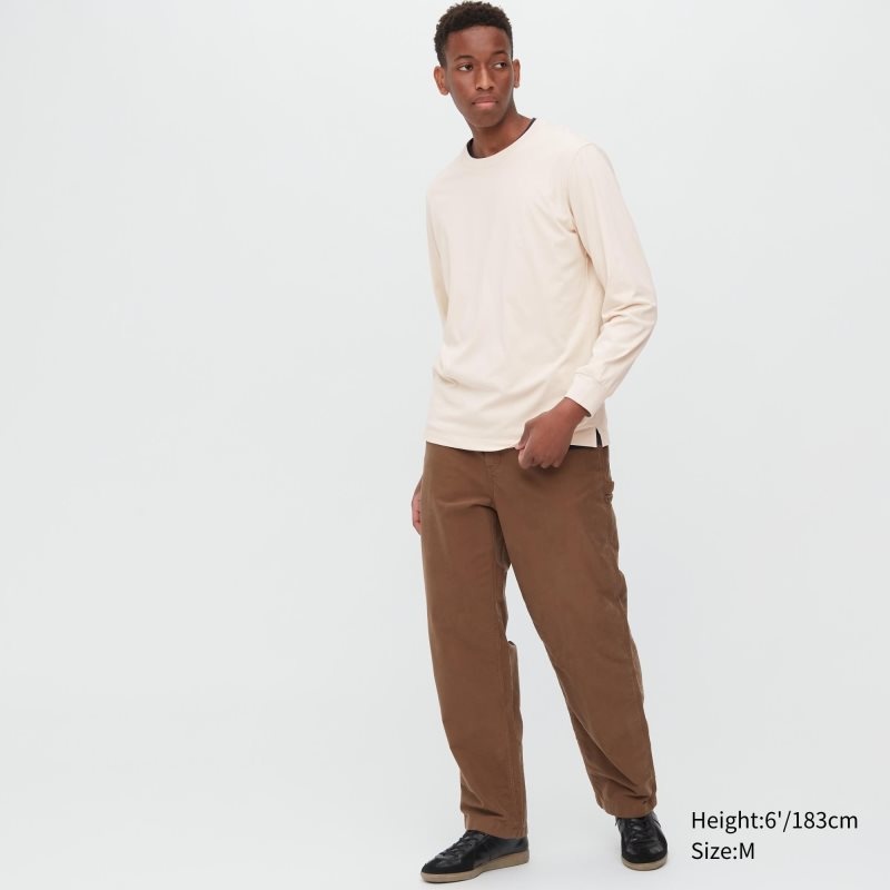 Beige Uniqlo Airism Cotton Uv Protection Crew Neck Men T Shirts | 2834381