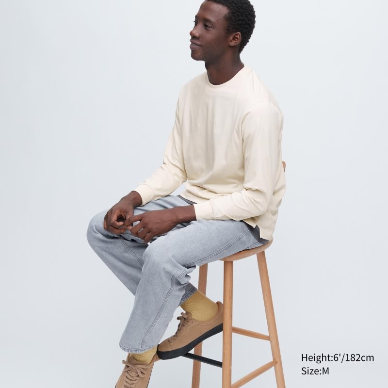 Beige Uniqlo Airism Cotton Uv Protection Crew Neck Men T Shirts | 2834381