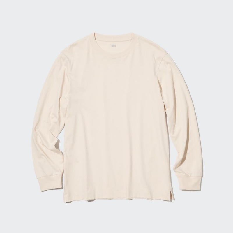 Beige Uniqlo Airism Cotton Uv Protection Crew Neck Long-sleeve Women T Shirts | 3058925