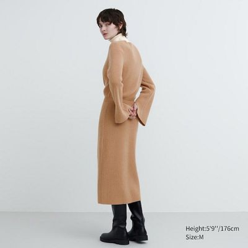 Beige Uniqlo Boat Neck Long-Sleeve Knit Women Dress | 3785648